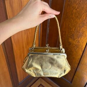 Vintage 60s 1960s Gold Metallic Double Kiss Lock Evening Purse 50s